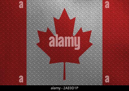 Canada flag depicted in paint colors on old brushed metal plate or wall close up. Textured banner on rough background Stock Photo