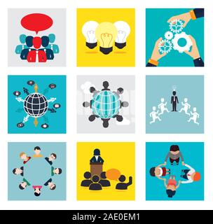 bundle teamwork scenes with people and icons Stock Vector