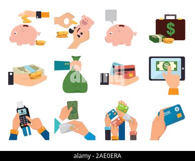 bundle of hands with business set icons Stock Vector