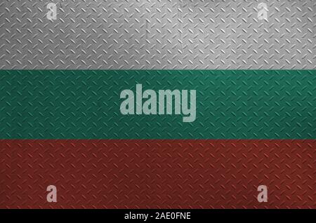 Bulgaria flag depicted in paint colors on old brushed metal plate or wall close up. Textured banner on rough background Stock Photo