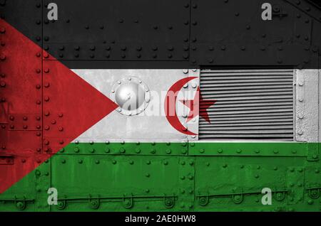 Western Sahara flag depicted on side part of military armored tank close up. Army forces conceptual background Stock Photo