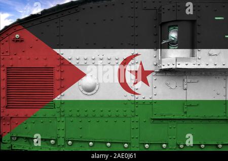Western Sahara flag depicted on side part of military armored tank close up. Army forces conceptual background Stock Photo
