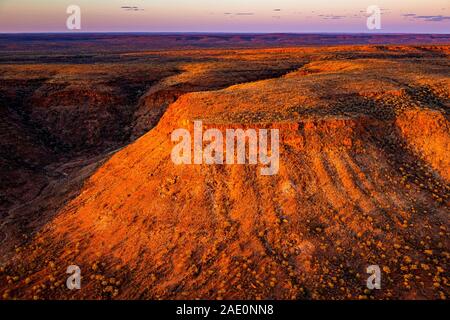 Stunning aerial views of the George Gill Range at sunset. Located in remote central Australia. Stock Photo