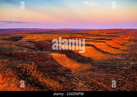 Stunning aerial views of the George Gill Range at sunset. Located in remote central Australia. Stock Photo