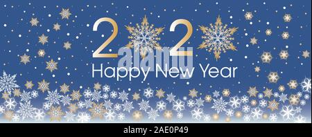 Happy New Year 2020 template with gold and white snowflakes and stars on blue gradient background. Classic blue. Color of 2020 year. Stock Vector