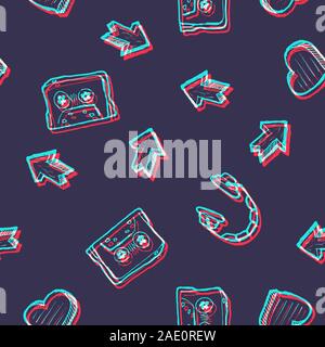 90s styled seamless pattern with teen theme, cassette, headphones, hearts and arrows Stock Vector