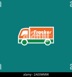 Tracker Logo Concept, Transportation Logo Design Template, Orange, Green, Truck Icon, Simple and Clean Logo, Carrier Wagon Stock Vector
