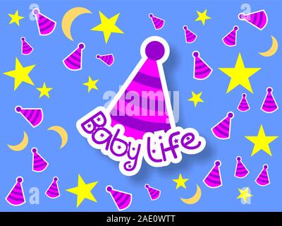 Baby Life Design Concept, Cute Background Template, Birthday Hat Icon, Pink, Purple, Violet, Yellow Stars, Blue, Colorful Stock Vector