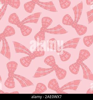 Vector tartan pink bow seamless tossed pattern design. Stock Vector