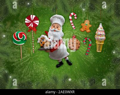 Sweet holiday Christmas food ornaments with Santa Claus dress as a chef. Stock Photo