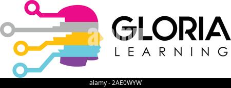 Gloria Learning, Digital Learning Logo Design Template, Head People Logo Concept, Thinking, Mindset, Colorful, Pink, Purple, Violet, Yellow, Light Gre Stock Vector