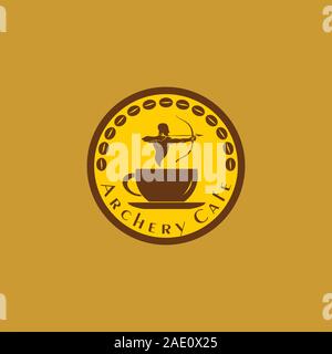 Archery Cafe Logo Concept, Coffee Shop Logo Design Template, Yellow, Brown, Chocolate, Coffee Cup Icon, Ellipse, Rounded Stock Vector