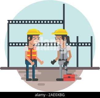 couple of builders working under construction scene Stock Vector