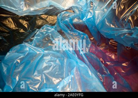 Inside a disposable plastic bag. Lightweight transparent, reusable plastic waste. Rubbish bag, plastic recycling, environmental issues Stock Photo