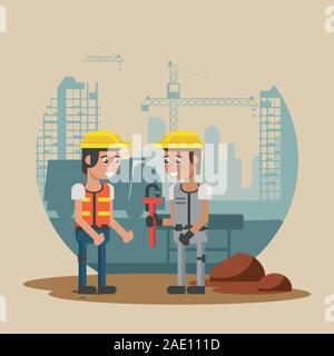 men builders working under construction scene Stock Vector