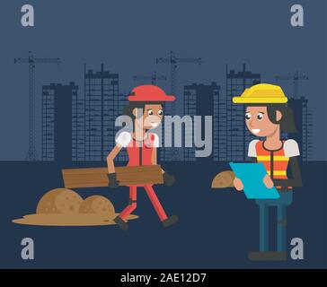 men builders working under construction scene Stock Vector