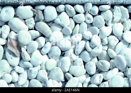 Small white pebbles texture close-up. Natural background blue color toned Stock Photo