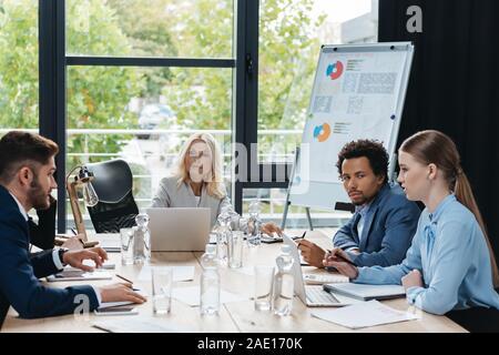 multicultural businesspeople discussing business ideas during meeting in office Stock Photo