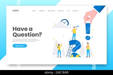 Business internet landing page concept template. Teamwork characters working together with big question mark, frequently asked questions time manageme Stock Vector
