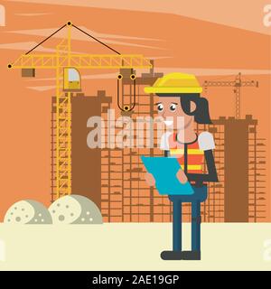 woman builder working under construction scene Stock Vector