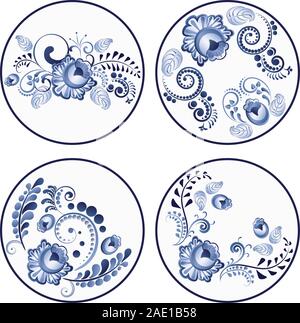 Round decorative folk floral ornaments set of blue color Stock Vector ...
