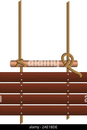 Blank wooden sign hanging on an old rope over white background. Stock Vector