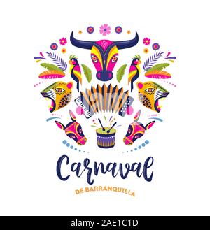 Carnaval de Barranquilla, Colombian carnival party. Vector illustration, poster and flyer Stock Vector