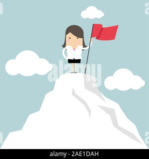 Businesswoman holding red flag on the top of the mountain. Stock Vector