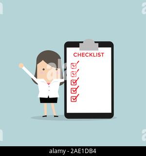 Businesswoman completing a checklist ticking al the boxes. Stock Vector