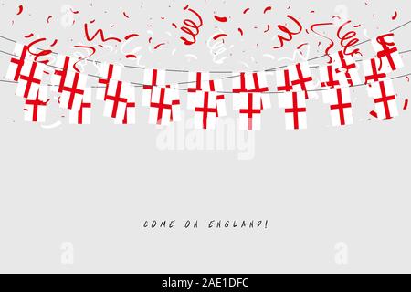 England garland flag with confetti on gray background, Hang bunting for England celebration template banner. Stock Vector