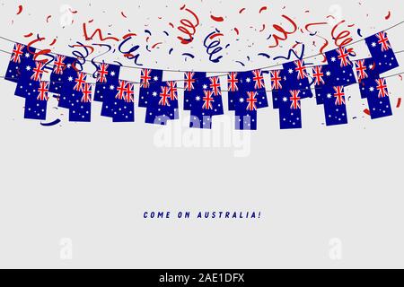 Australia garland flag with confetti on gray background, Hang bunting for Australia celebration template banner. Stock Vector