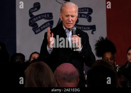 Presidential candidate former Vice President Joe Biden addresses his supporters during his “No Malarkey” bus tour  in Waterloo. Stock Photo