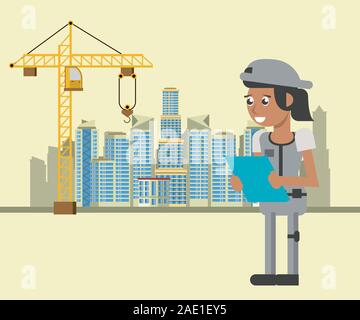 woman builder working under construction scene Stock Vector