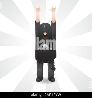 The long-haired rocker holds up a horn sign in a skull t-shirt on isolated background. Vector image Stock Vector