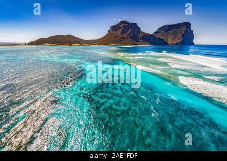 Aerial view of Lord Howe Island Coastline with Mt Gower background, turquoise blue Coral reef, Lord Howe Island is Unesco World Heritage Listed. Stock Photo