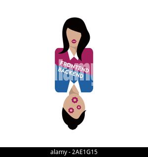 Frontend and backend. Flat icon. Woman programmer. Vector illustration. Software development. Stock Vector