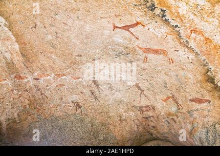 Ancient Sun's Rock Painting 'Maack's Shelter' at Tsisab Ravine in Mt Brandberg, Bushman rock art, Namib Desert, Namibia, Southern Africa, Africa Stock Photo