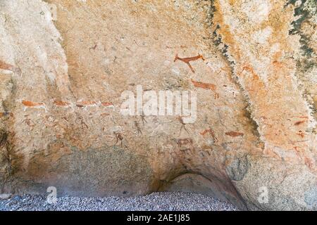 Ancient Sun's Rock Painting 'Maack's Shelter' at Tsisab Ravine in Mt Brandberg, Bushman rock art, Namib Desert, Namibia, Southern Africa, Africa Stock Photo