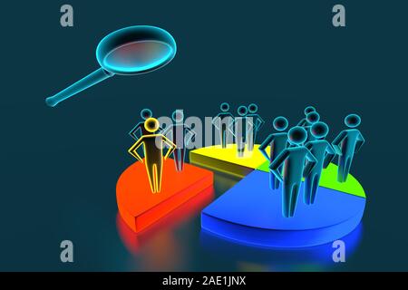 Businesspeople Analyzing Market Segment Using Magnifying Glass. Different groups of 3D men occupy different shares in the business schedule. 3d rendering Stock Photo