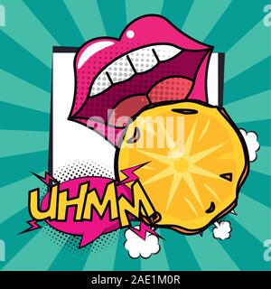 poster pop art style with female mouth eating pineapple Stock Vector
