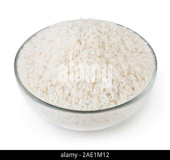 White long-grain jasmine rice in glass bowl isolated on white background with clipping path Stock Photo