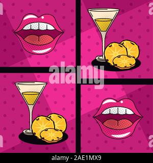 poster pop art style with cocktails cups and pineapples Stock Vector