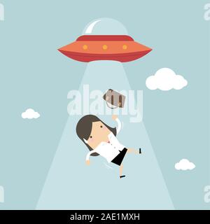 Businesswoman abducted by UFO. Stock Vector