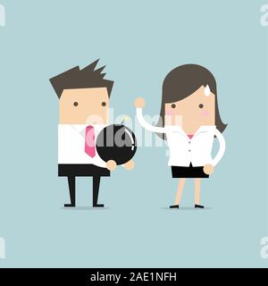 Businessman carrying a big bomb is sending it to a friend. Stock Vector