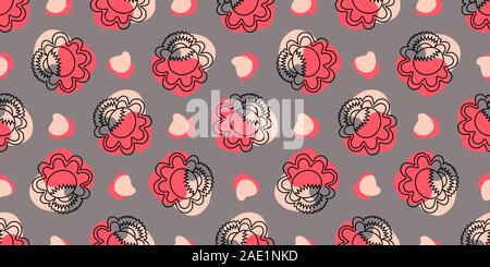 Seamless pattern with linear flowers. Petrikov painting style. Textile and wrapping paper design. Red, pink and white color.. Stock Vector