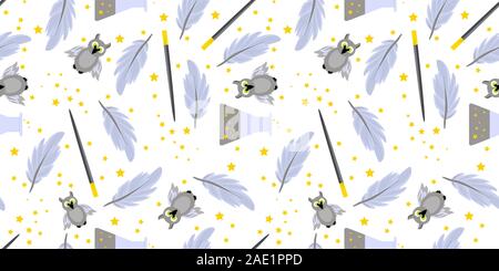 Seamless magic pattern. Magic Snitch, Flying Broom and Boiling Potion Cauldron. Harry Potter, Hogwarts School of Magic. Stock Vector