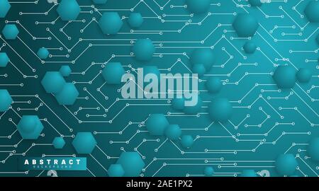abstract vector technology background. blue hexagon with a background connection line. Future 3D circuit board technology design Stock Vector