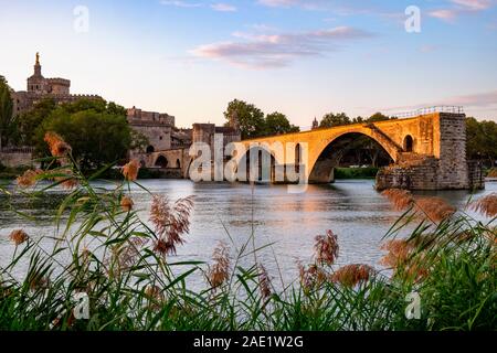 Avignon bridge / Pont Saint-Benezet and Rhone river at sunrise, Avignon, Provence, France, Europe Stock Photo