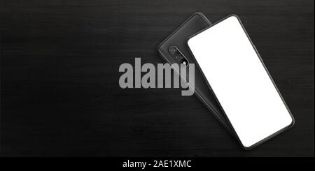 Phones on black surface. Isolated screen for mockup, thin edges, without front camera and phone back with double camera Stock Photo