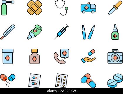 Set of Pharmacy Flat Color Icons. Throat Spray, Stethoscope, Pills and more. Stock Vector
